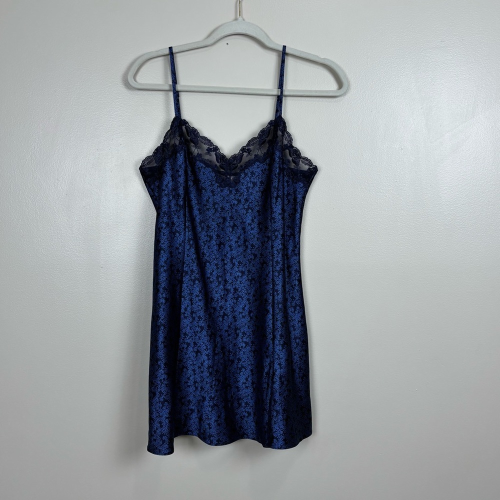 Vintage Victoria's Secret Slip Dress Md Blue Floral Satin Lace Mini 90s Intimate